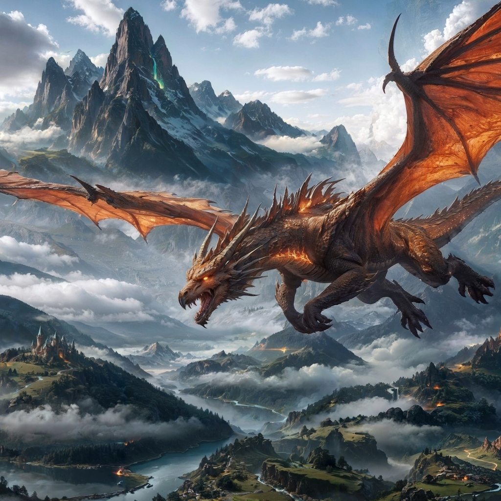 Большой дракон парит на горами