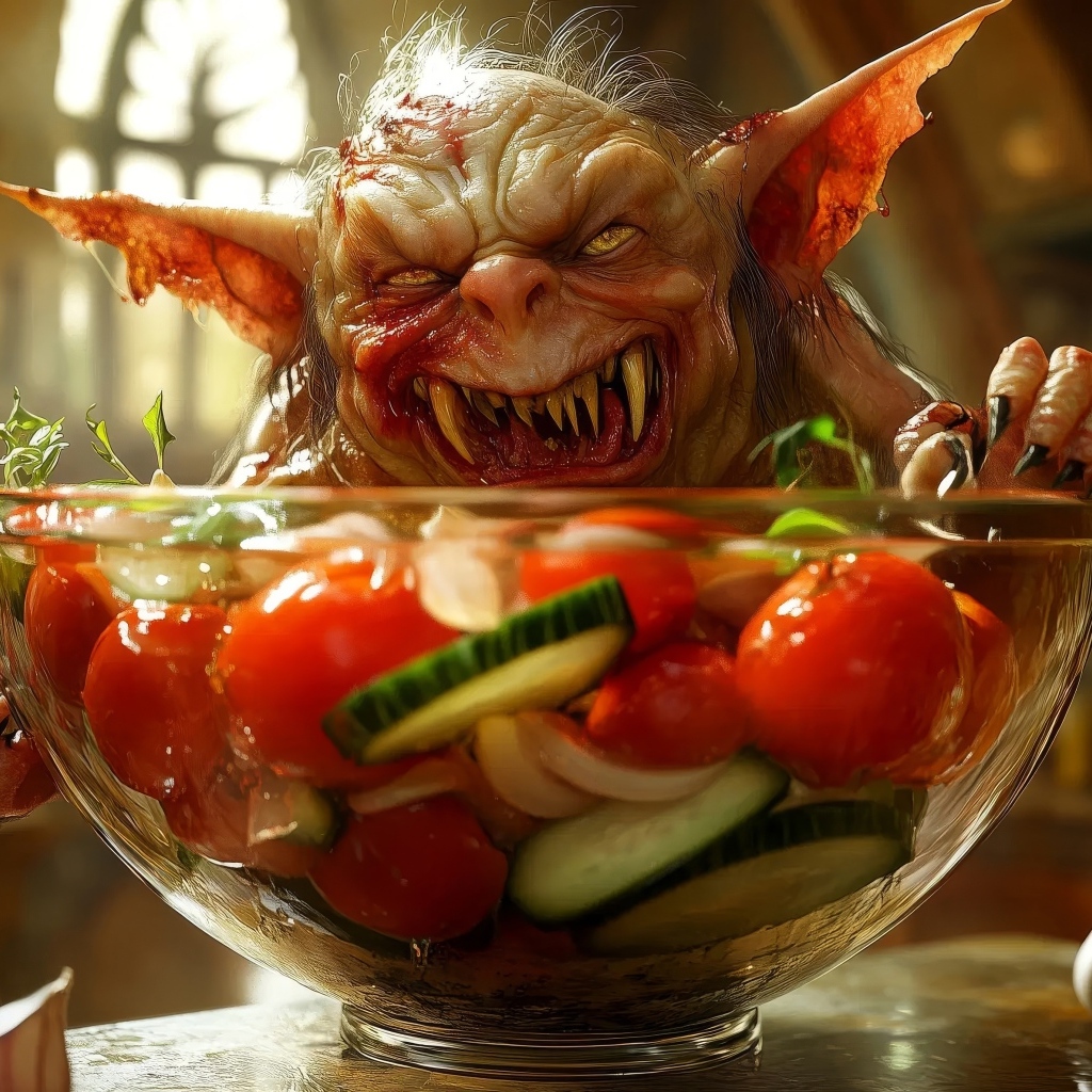 Маленький гремлин с острыми зубами стоит на кухонном столе с чашкой салата в руках
