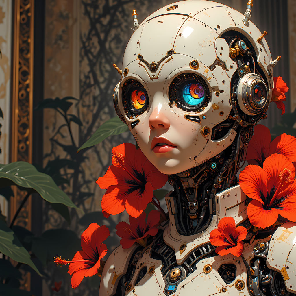 Андроид с большими глазами и телом на котором растут красные цветы