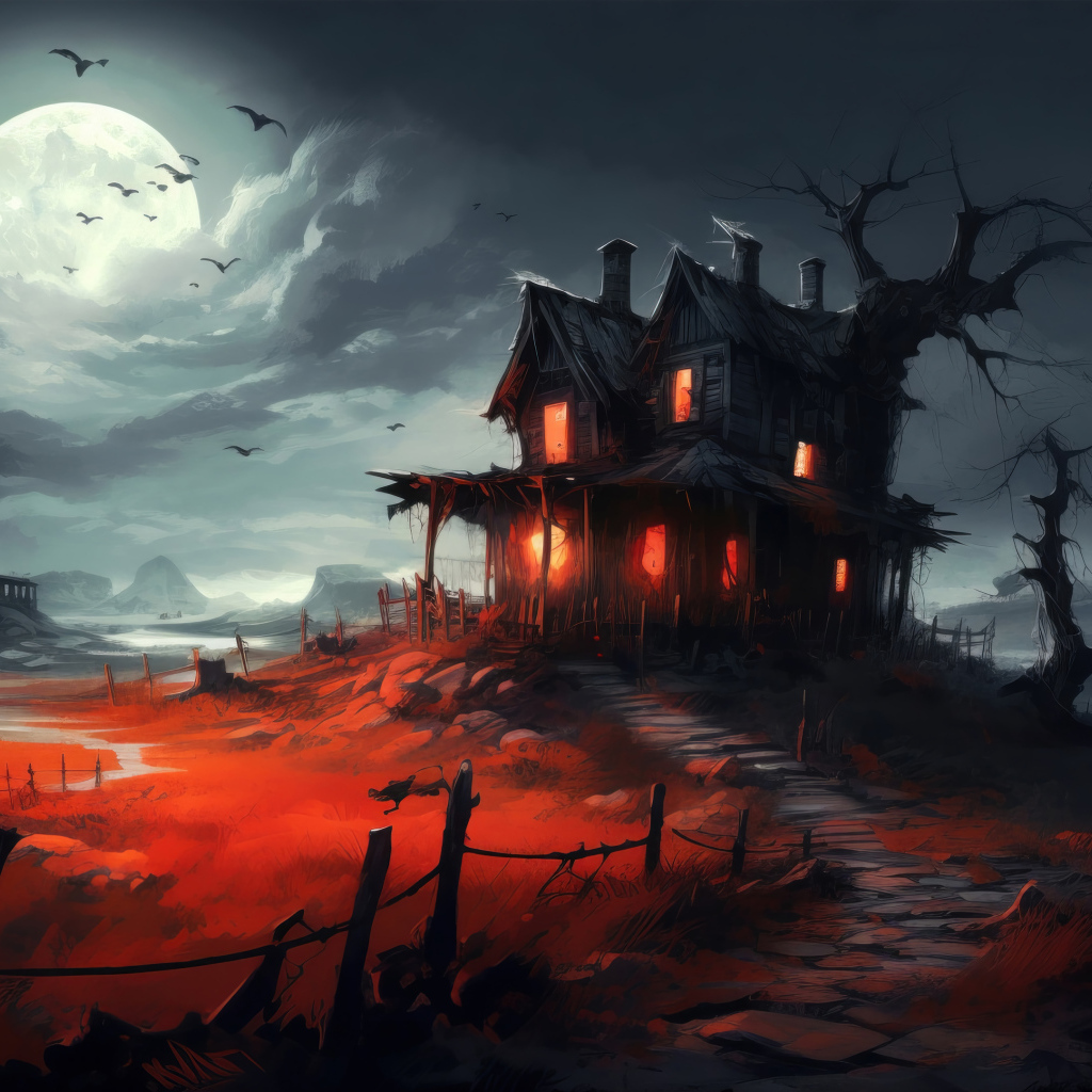 Зловещий черный дом на фоне яркой луны