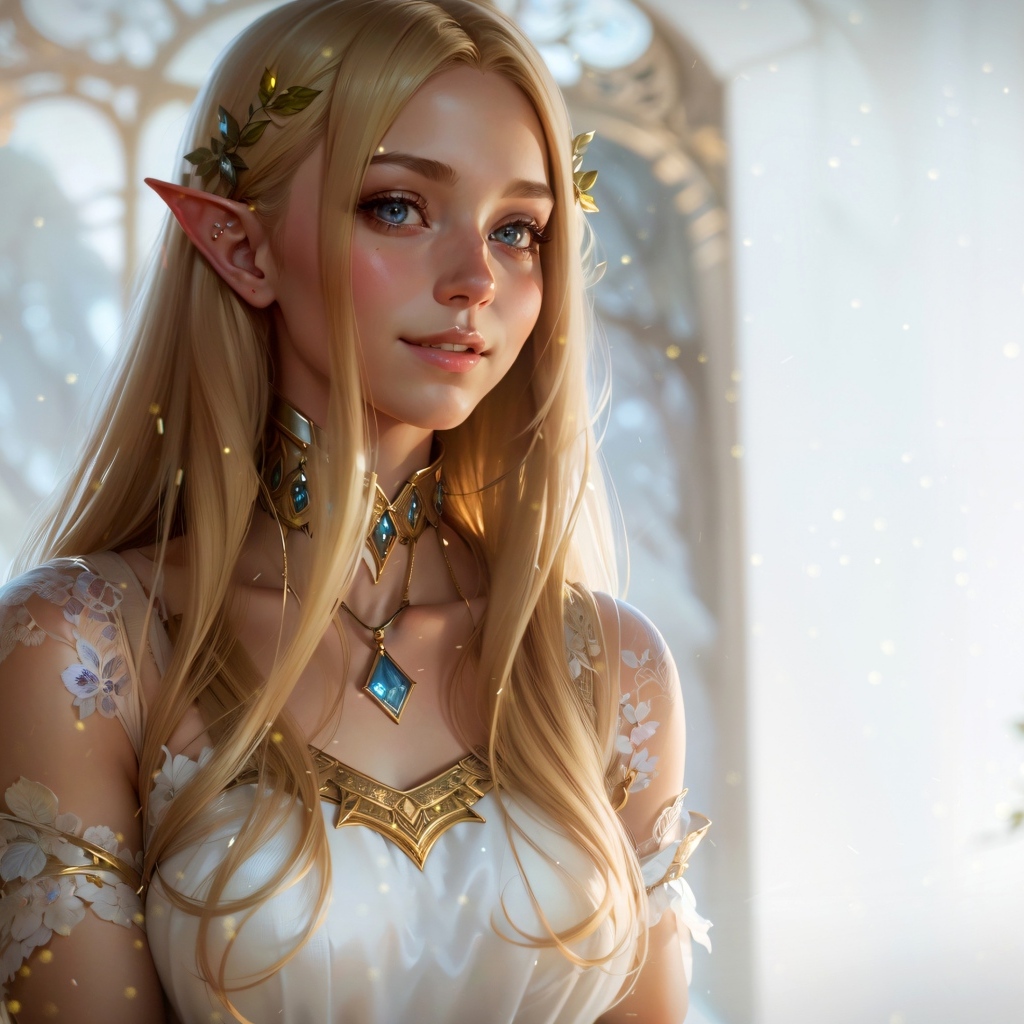 Красивая голубоглазая девушка эльф в белом платье