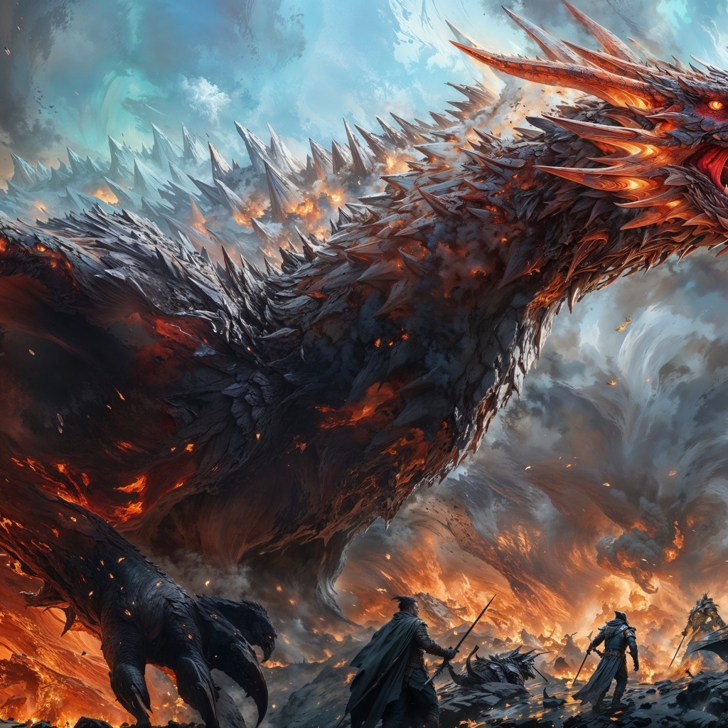 Большой злой дракон в огне с воинами