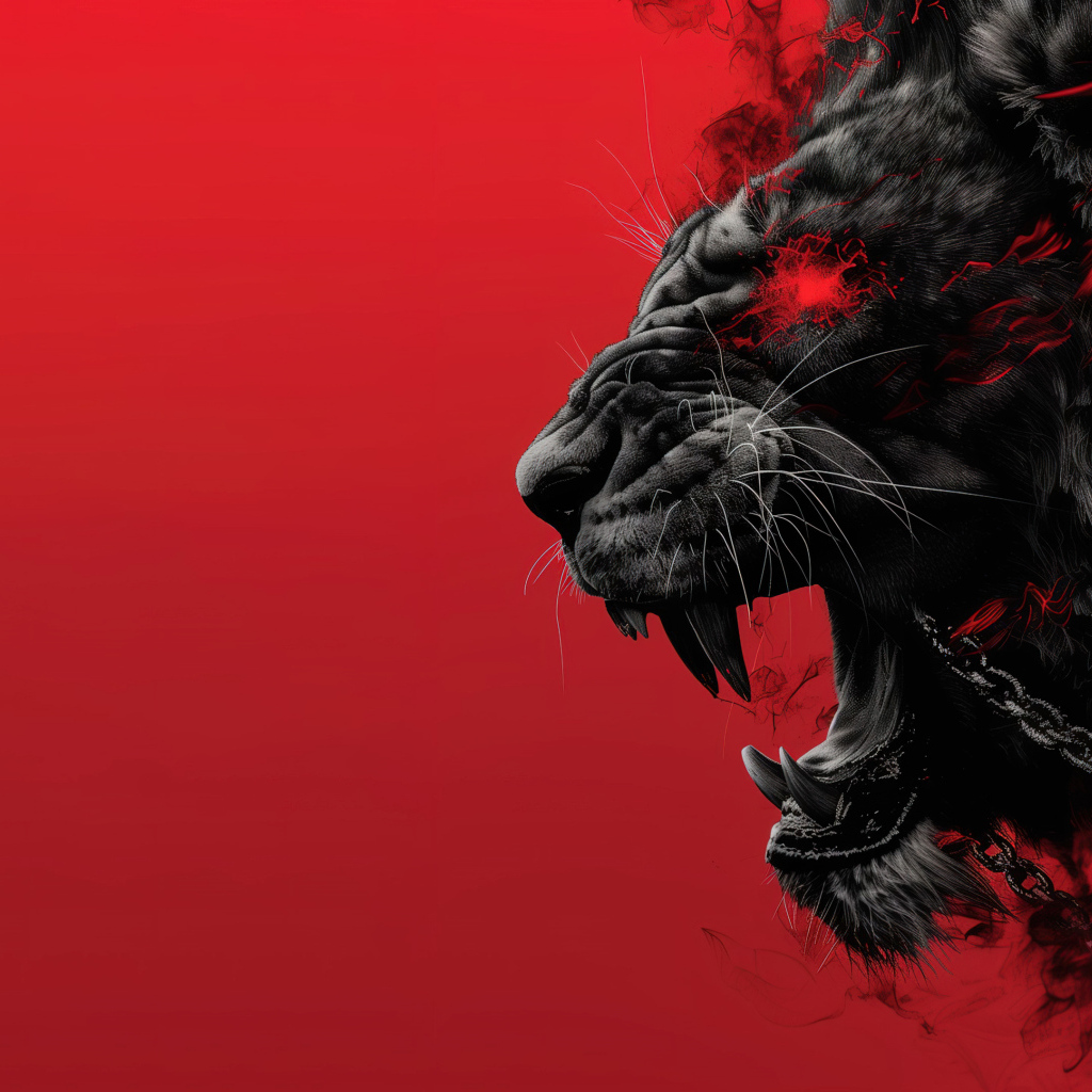 Черный демонический лев с цепями на красном фоне