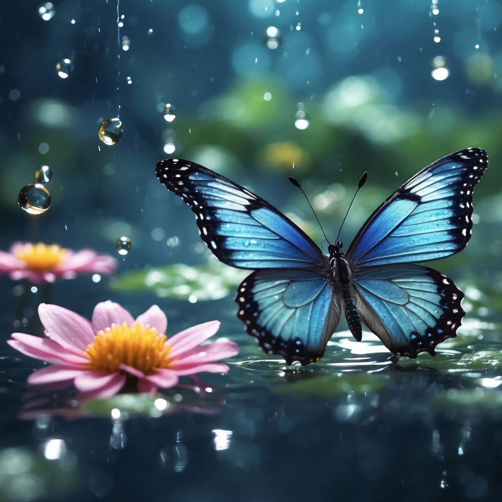 Голубая бабочка под дождем у розовых цветов