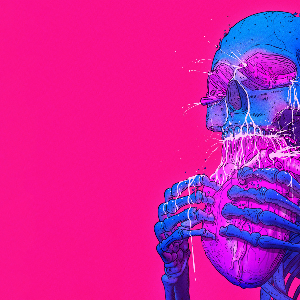 Синий скелет ест сердце на розовом фоне