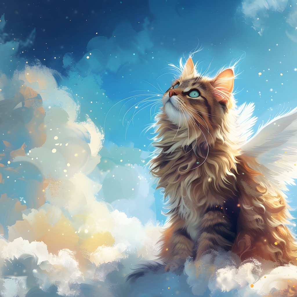 Кот - ангел с белыми крыльями сидит на облаке и смотрит вверх