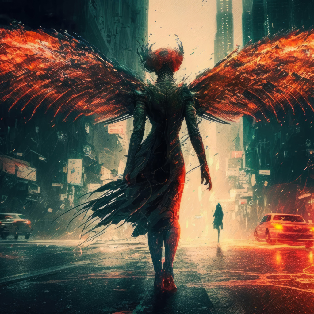 Девушка демон с крыльями на улице в городе