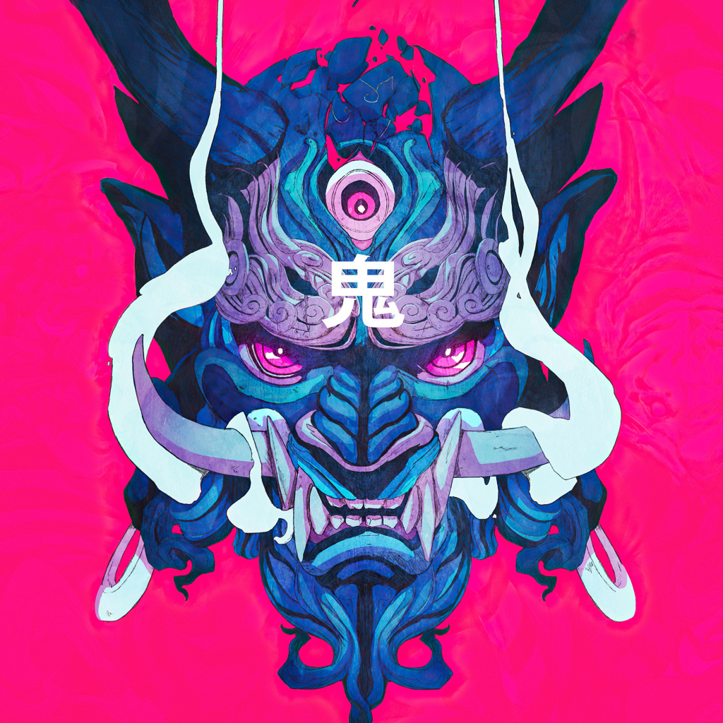 Маска демона на розовом фоне 
