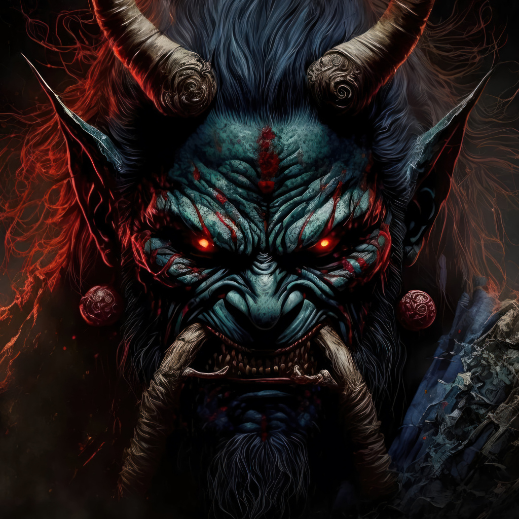 Демон с красными глазами крупным планом