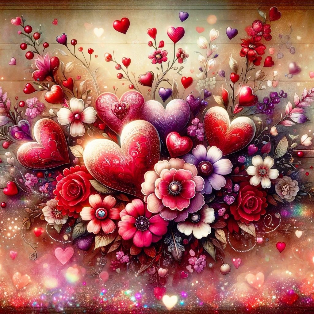 Нарисованные фантастические цветы с сердечками