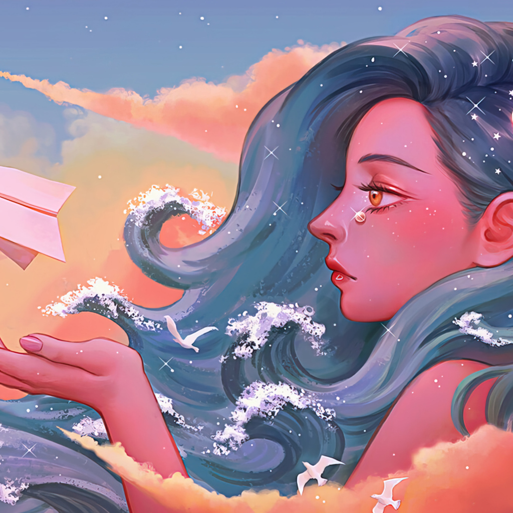 Фантастическая длинноволосая девушка с бумажным корабликом