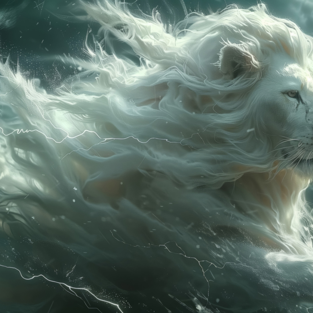 Фантастический белый лев на фоне грозы