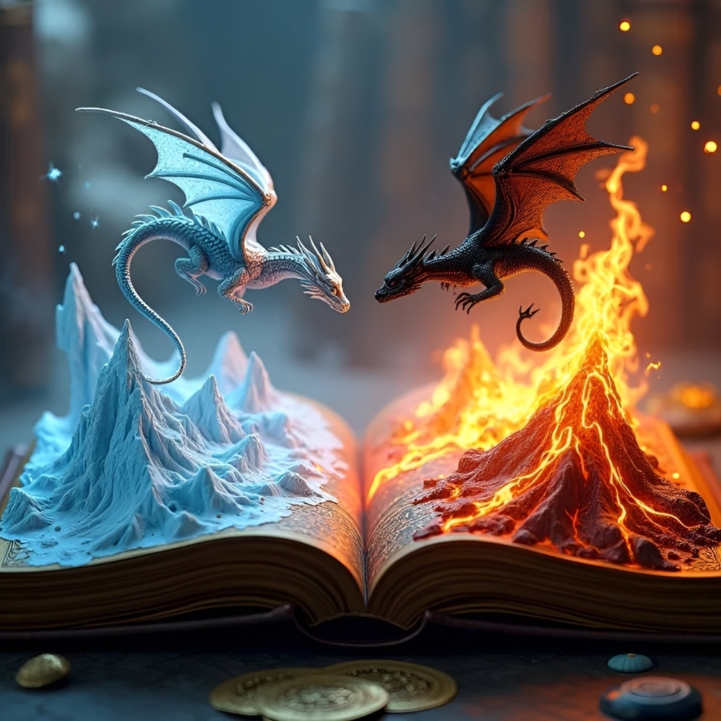 Огненный и снежный драконы парят над книгой