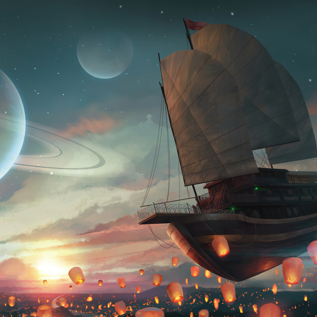 Летающий корабль в небе с китайскими фонариками