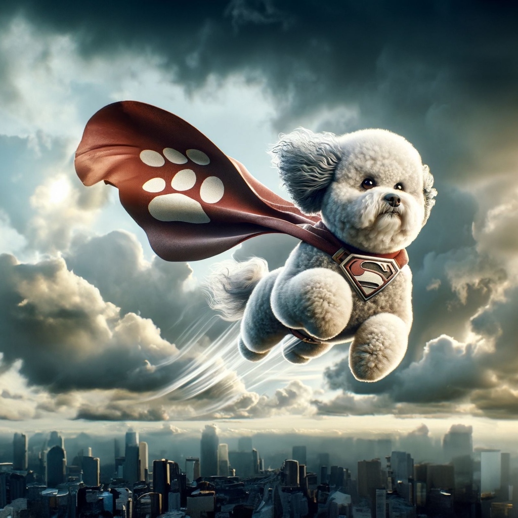 Летающая собака супергерой над городом