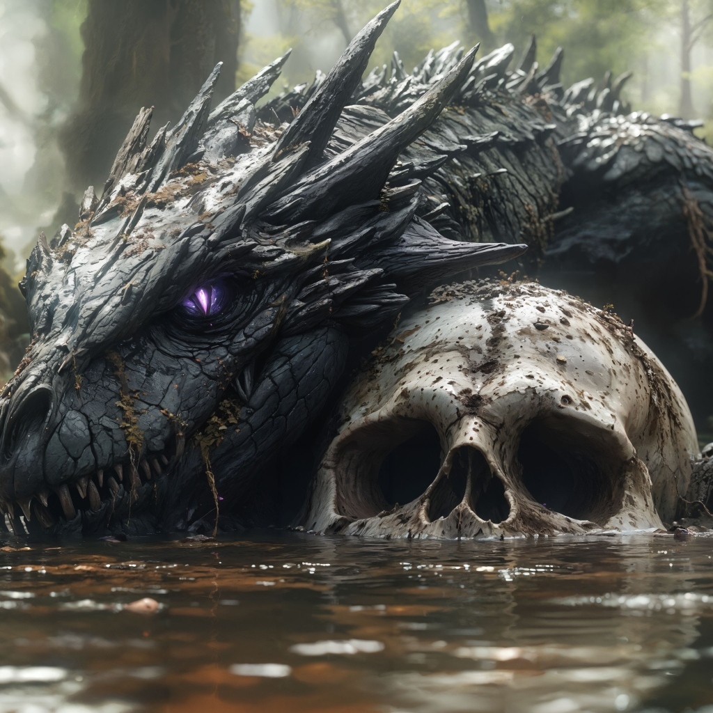 Лесной водяной монстр лежит в пруду на черепе