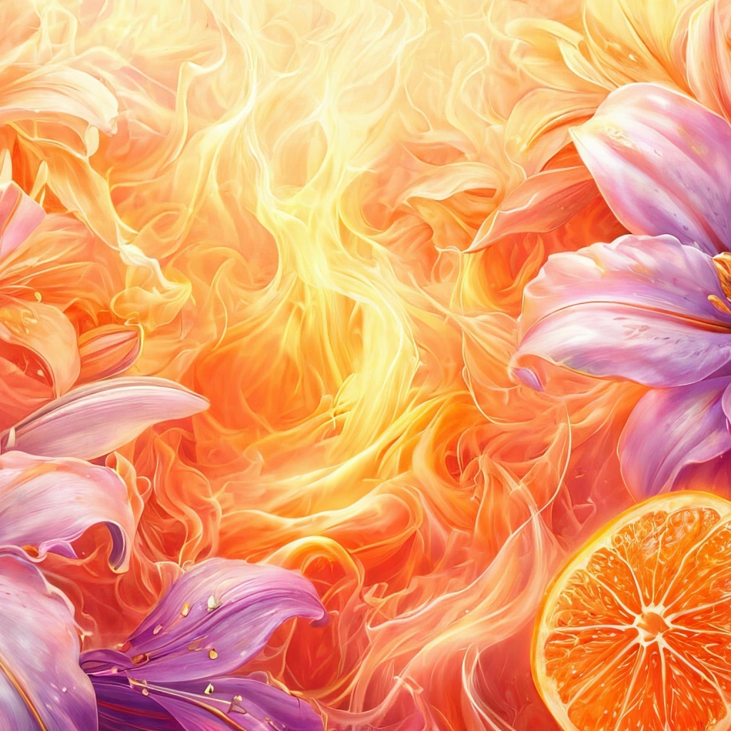 Лилии и апельсины на ярком огненном фоне