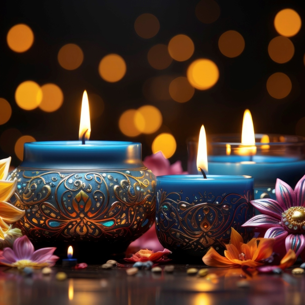 Зажженные красивые свечи с цветами на столе