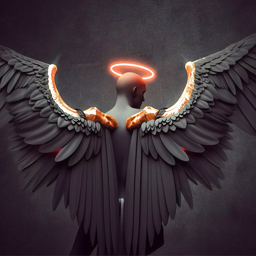 Мужчина с большими крыльями ангела на сером фоне
