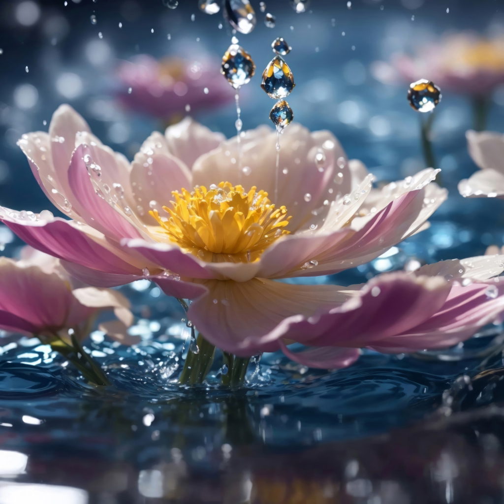 Розовые фантастические цветы в воде под дождем