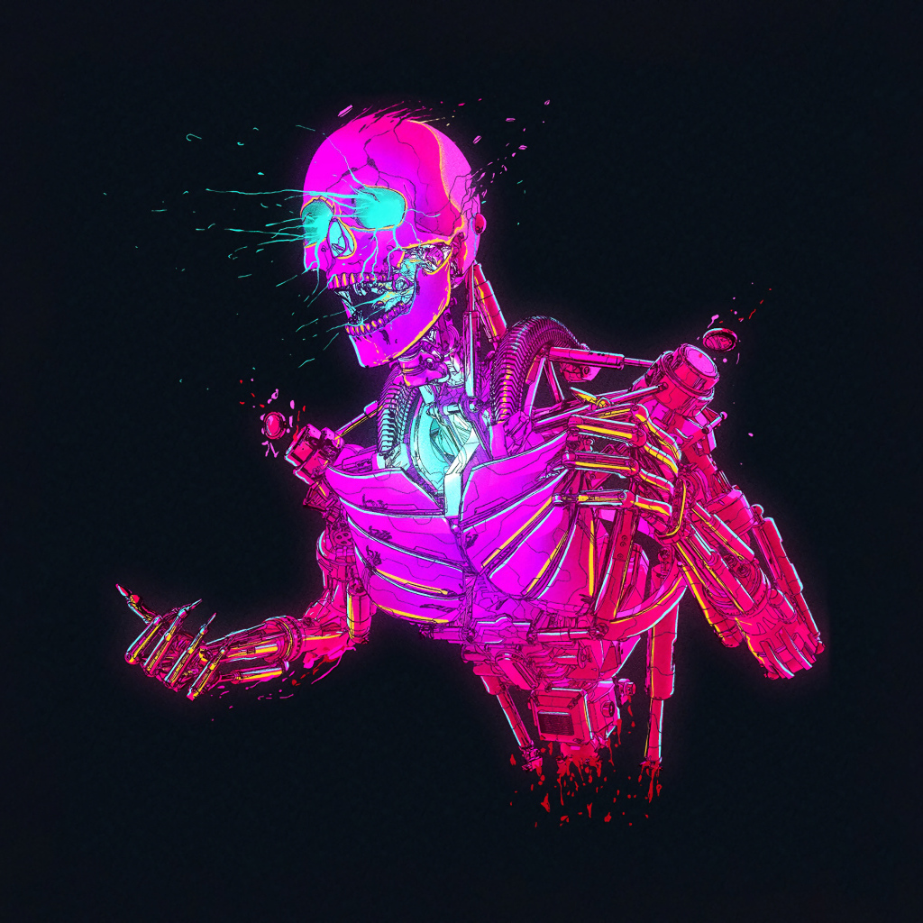 Розовый робот скелет на черном фоне