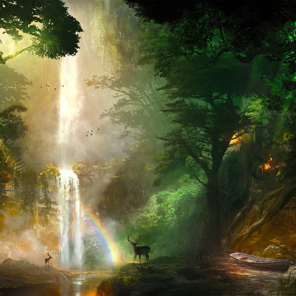 Радуга у высокого фантастического водопада в лесу