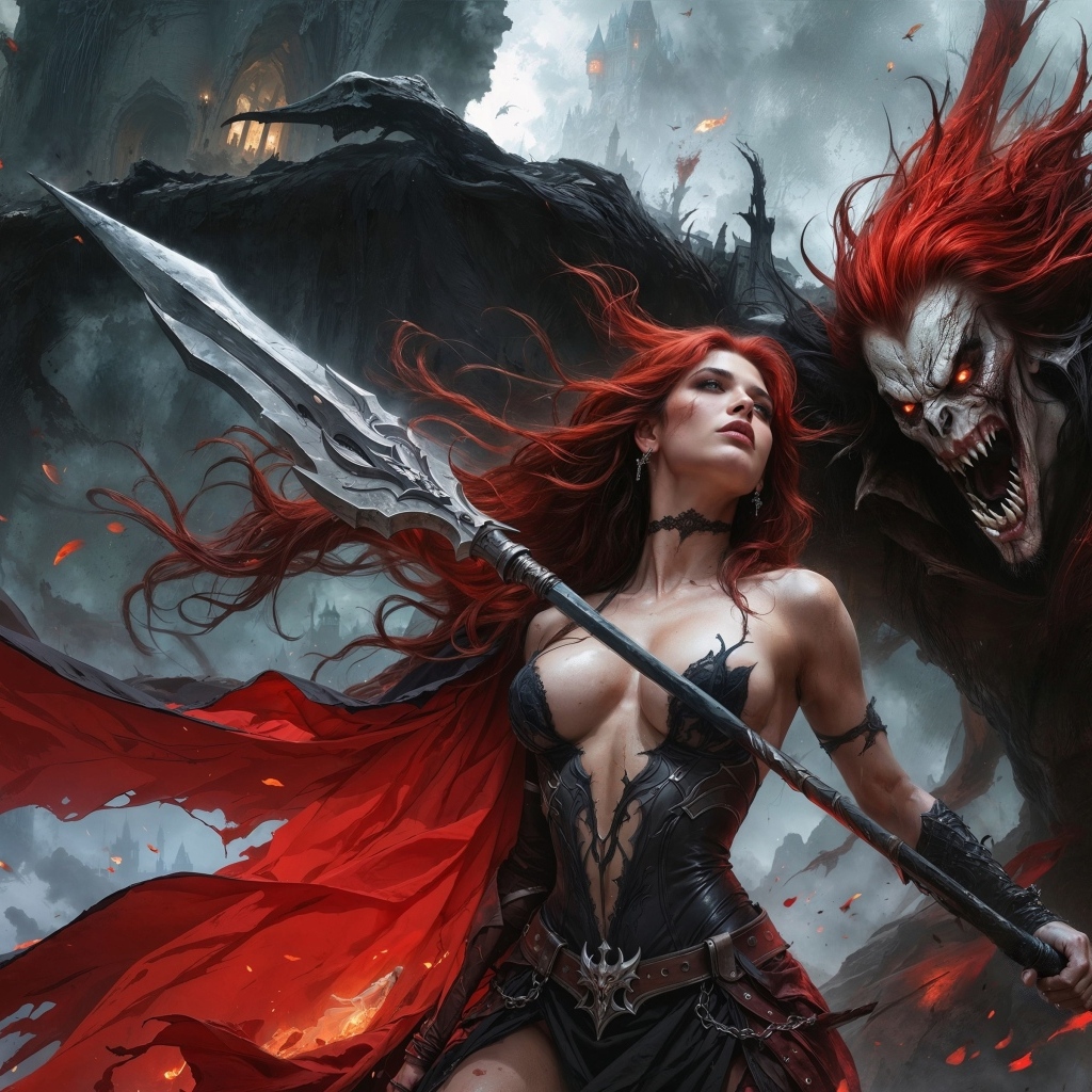 Рыжеволосая девушка с копьем с монстром