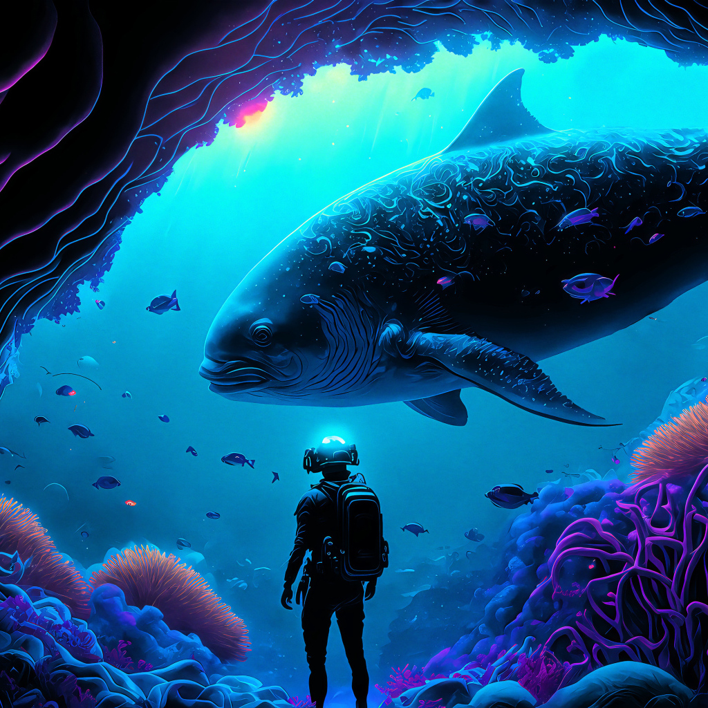 Аквалангист на морском дне с большой рыбой