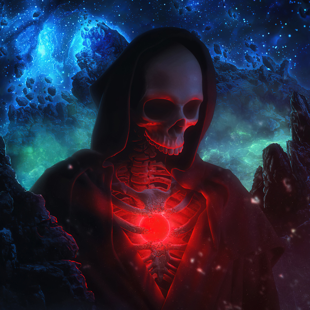Скелет в черном плаще на фоне космического неба