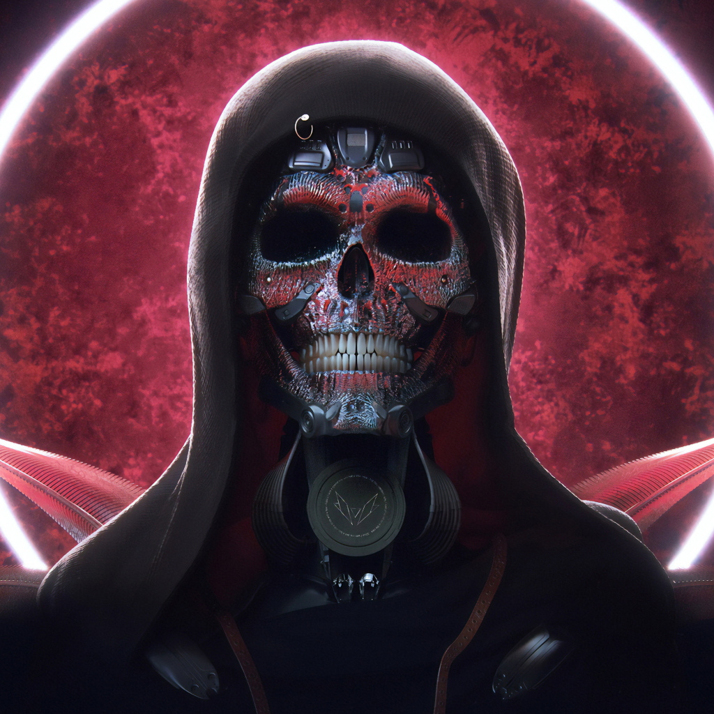 Скелет в плаще на фоне красного круга