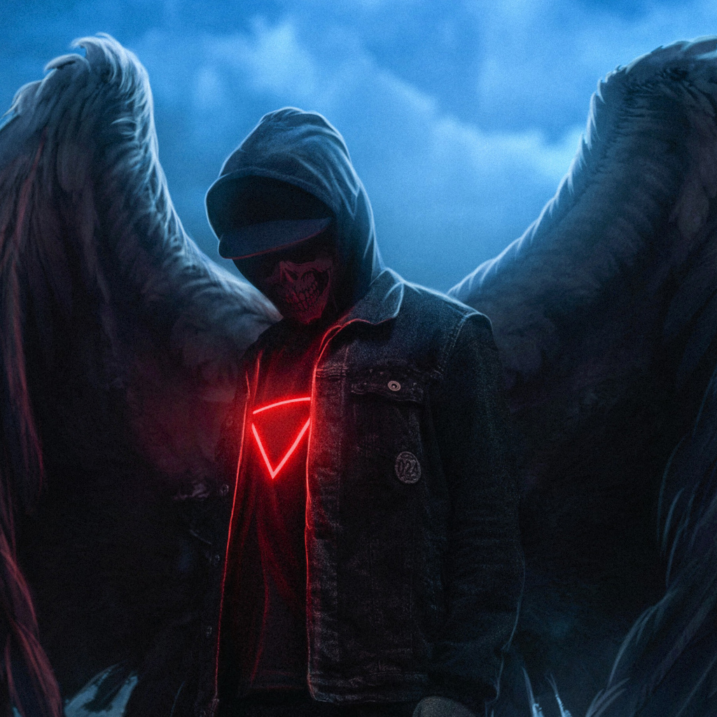 Скелет в куртке с большими крыльями ангела