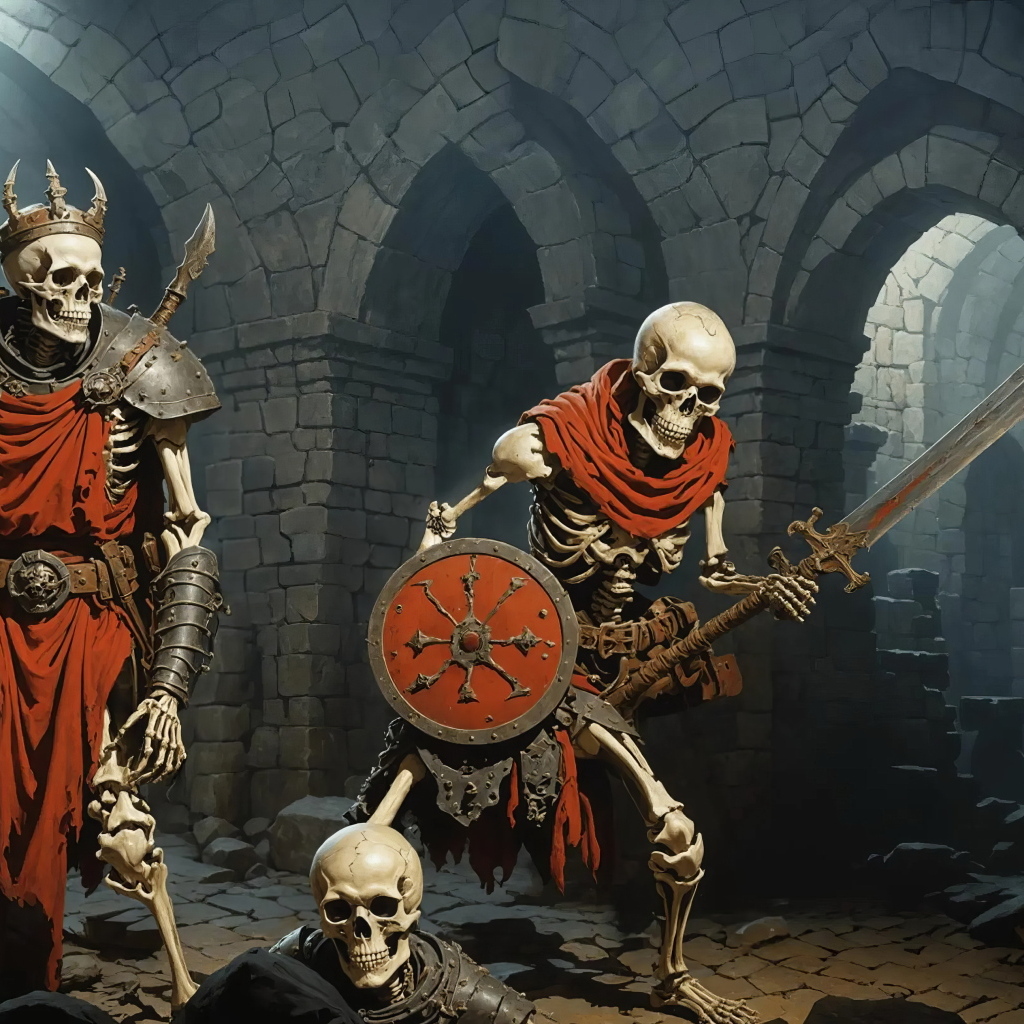 Скелеты в доспехах с оружием в руках в старинном замке