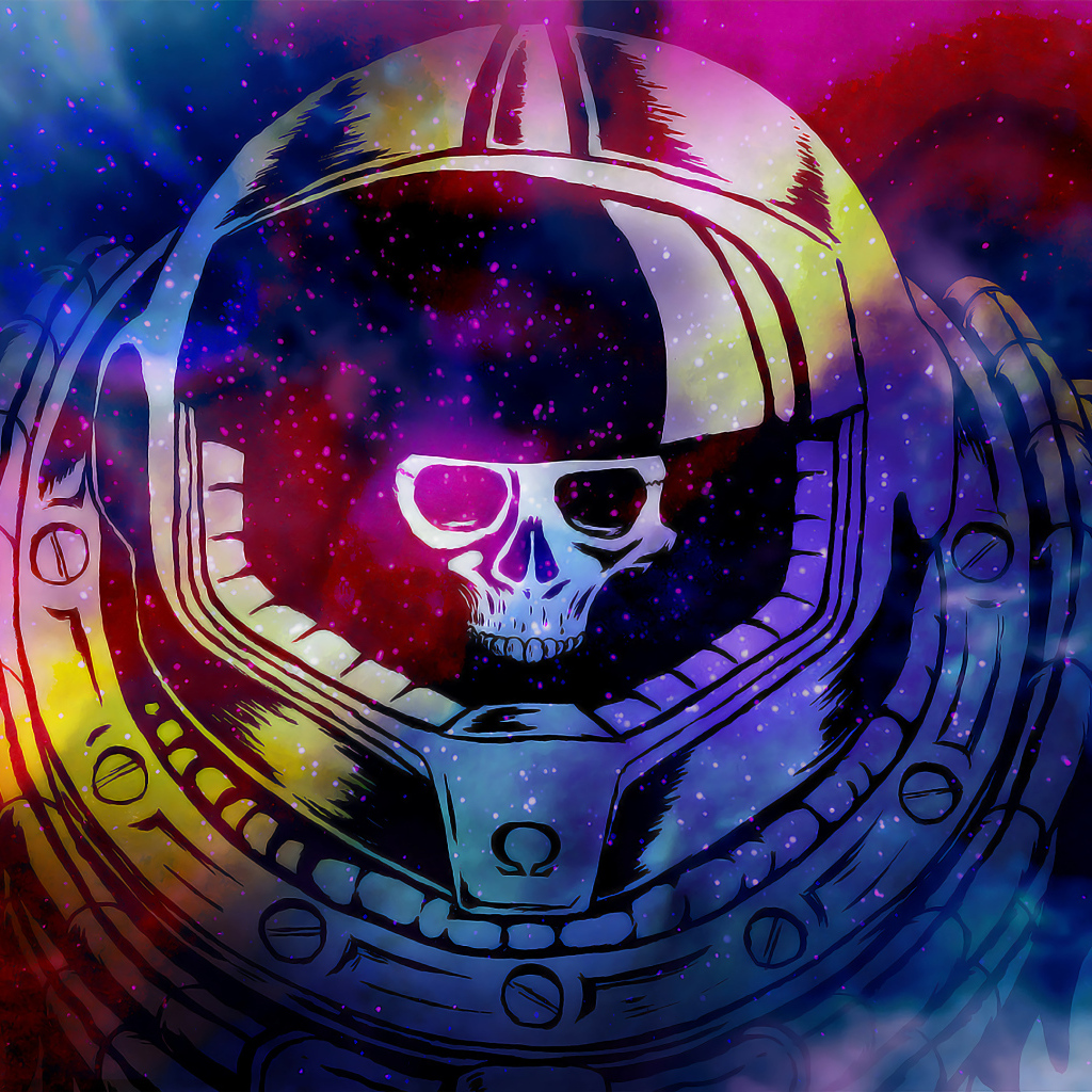 Череп в скафандре на разноцветном абстрактном фоне