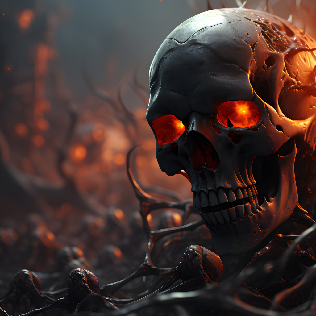 Череп со светящимися глазами на земле