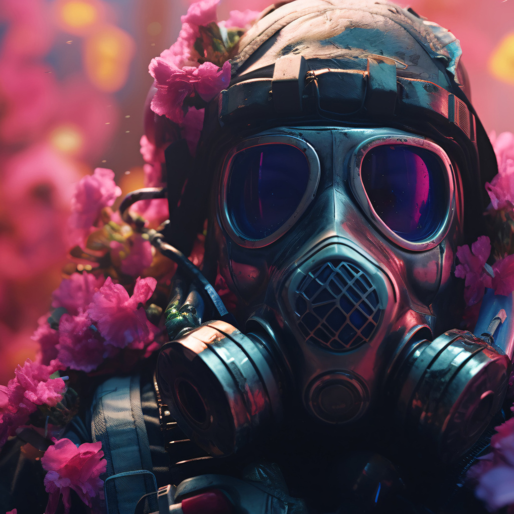 Солдат в противогазе в цветах