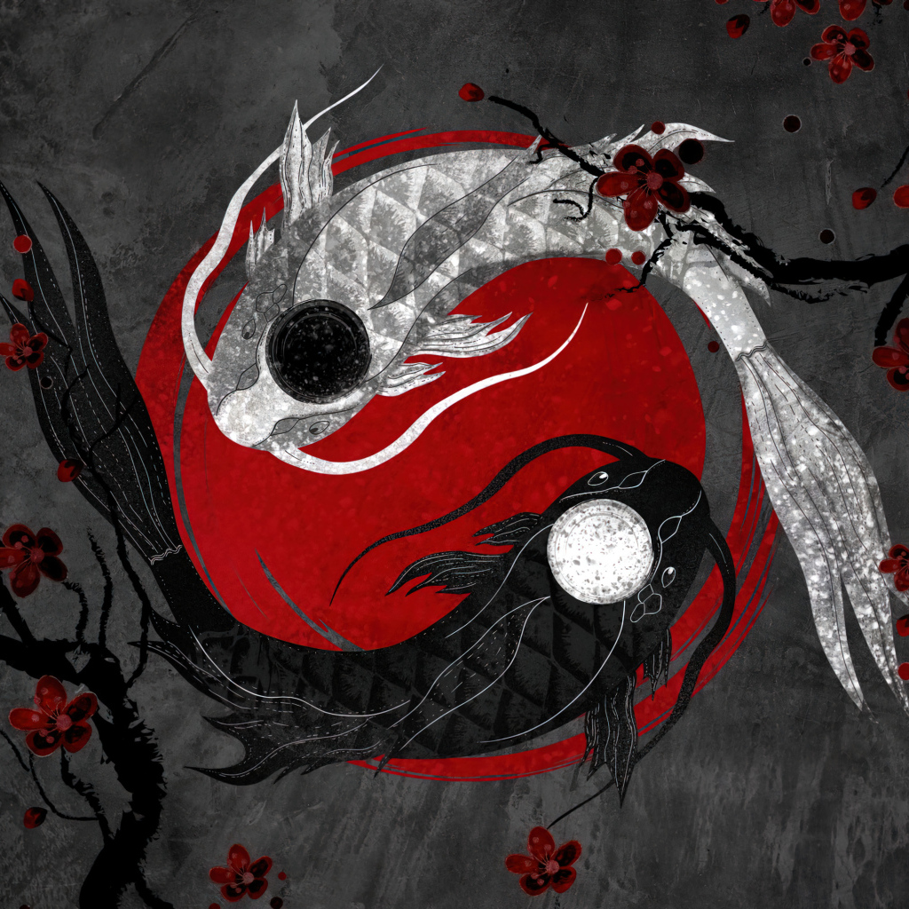 Две рыбы инь и янь на сером фоне