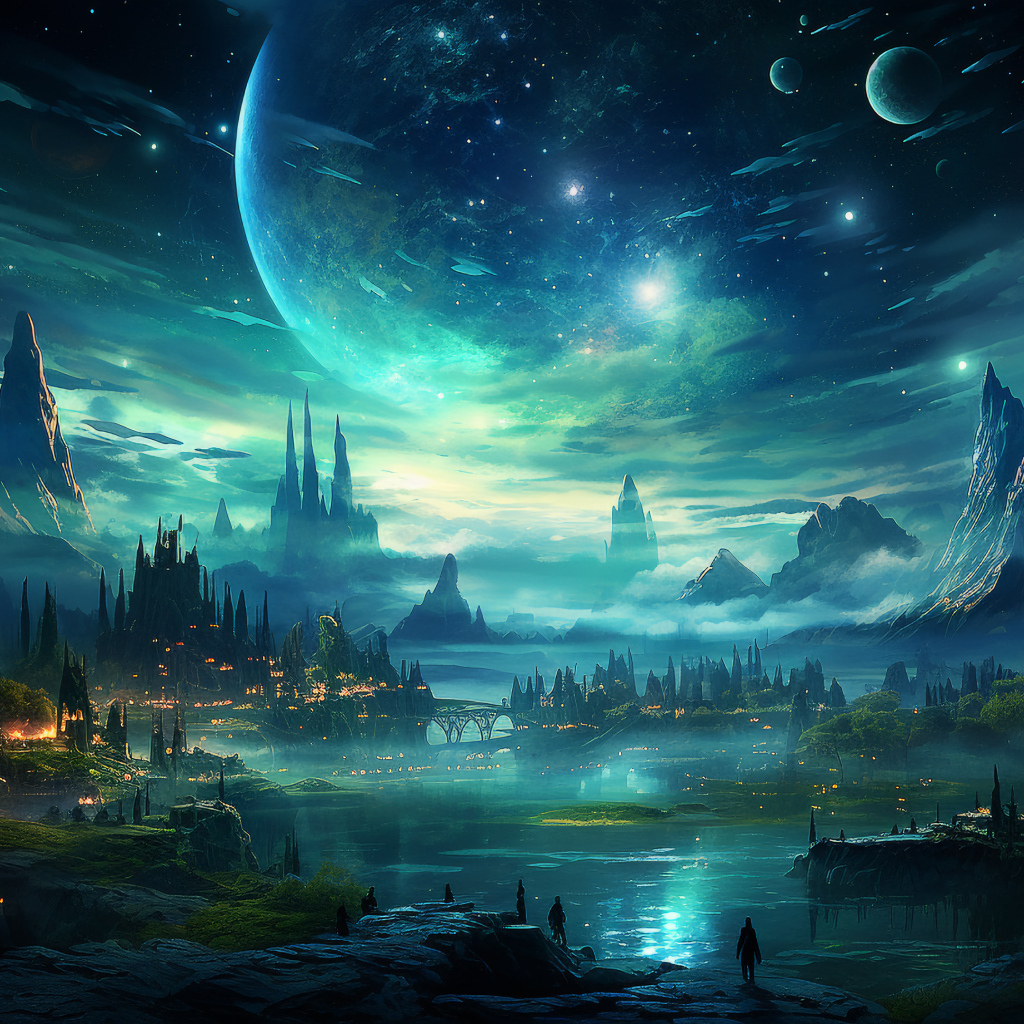 Вид на фантастический город ночью 