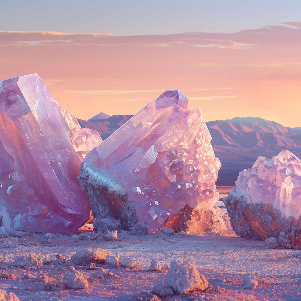 Большие розовые минералы на песке