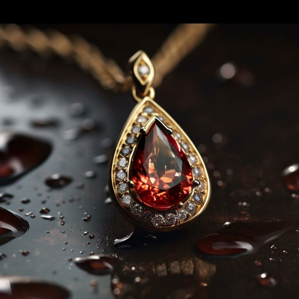 Кулон с красным камнем на мокрой поверхности 