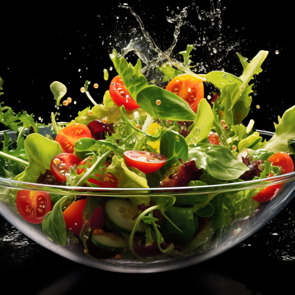 Свежий салат в стеклянной тарелке на черном фоне