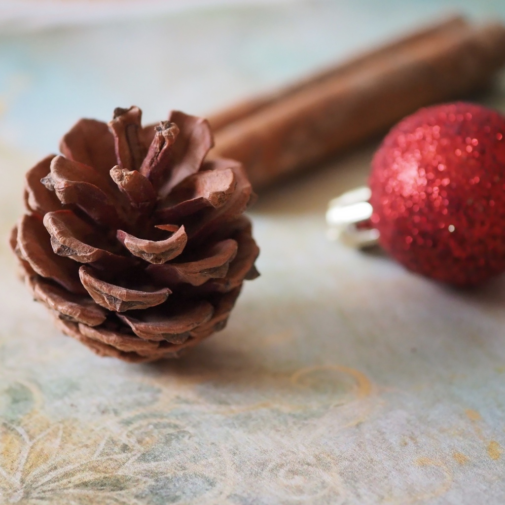 Шишка, шарик и корица на столе