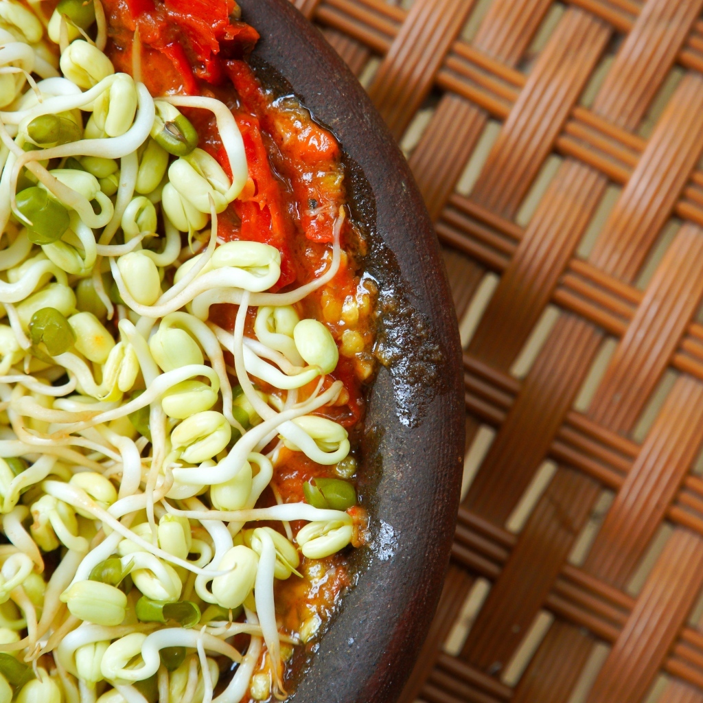 Пророщенные зерна в тарелке с томатами