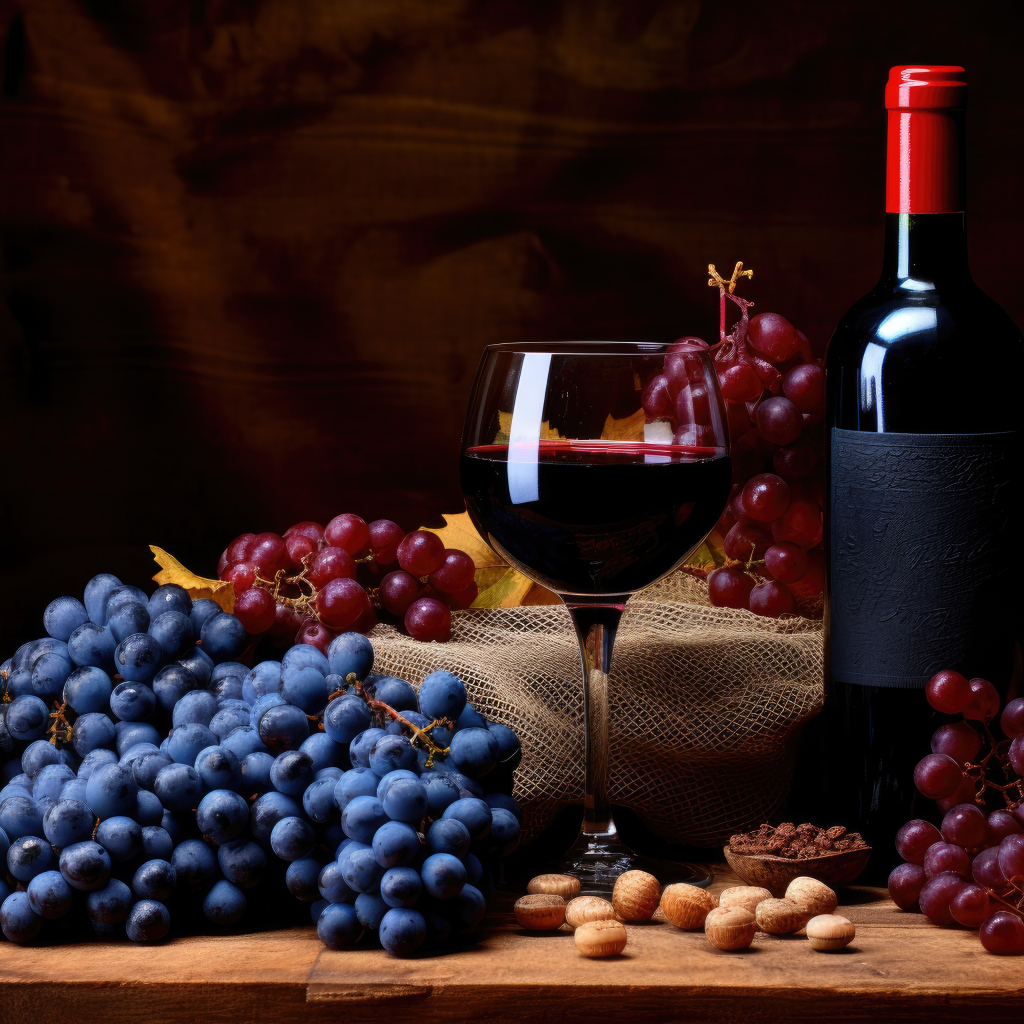 Синий и розовый виноград на столе с вином 