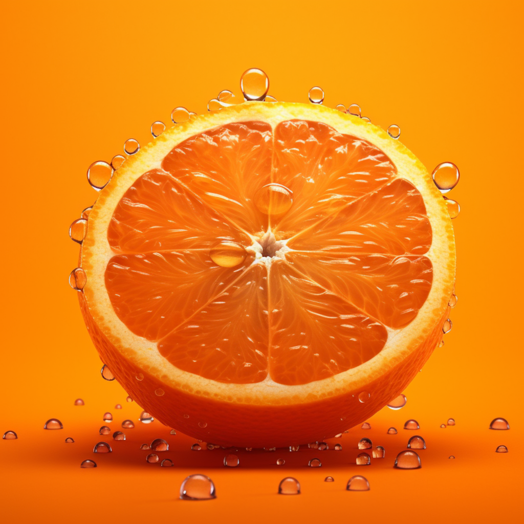 Половинка апельсина в каплях воды на оранжевом фоне