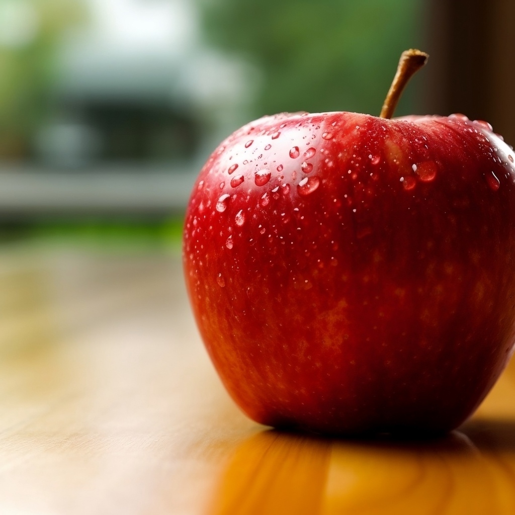 Красное яблоко в каплях воды на столе
