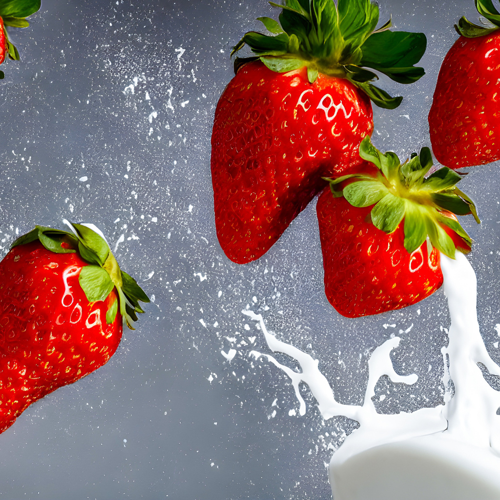 Красная клубника с брызгами молока на сером фоне