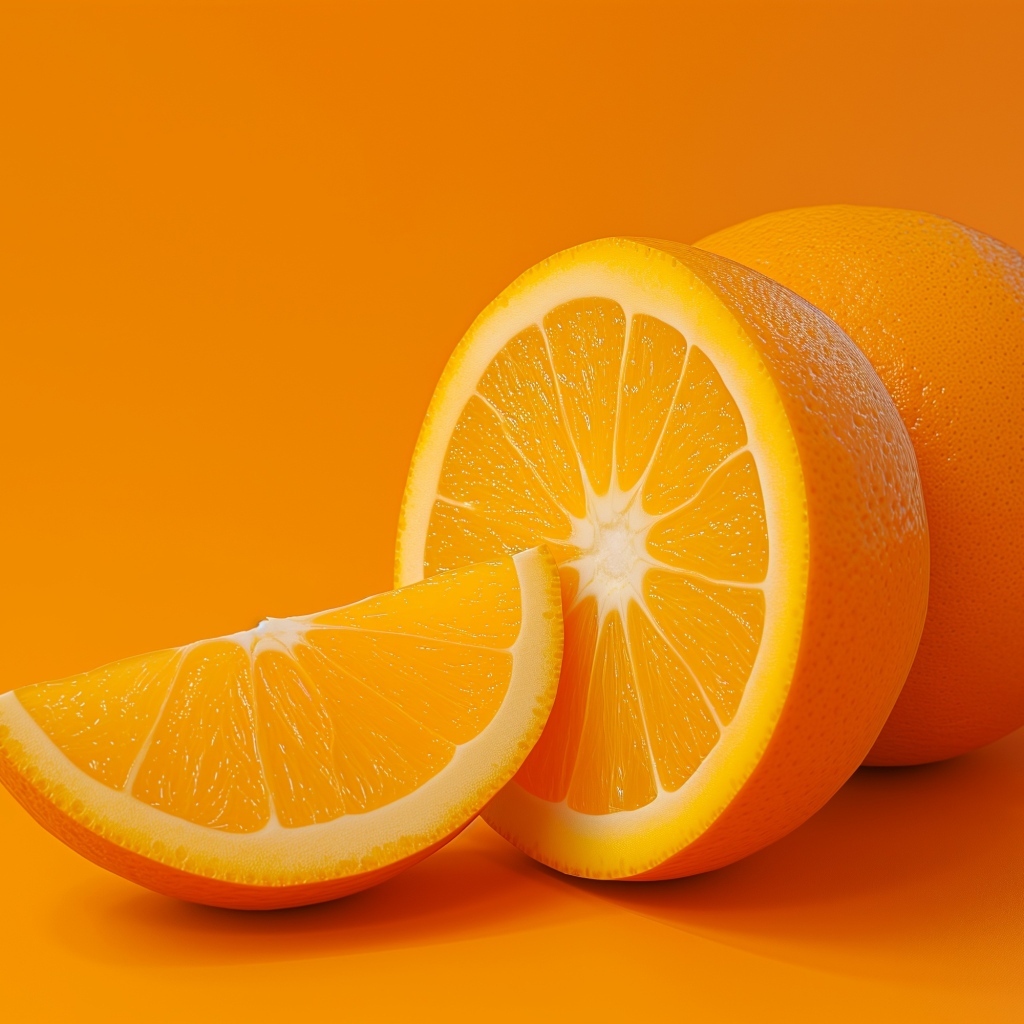 Спелый оранжевый апельсин на оранжевом фоне