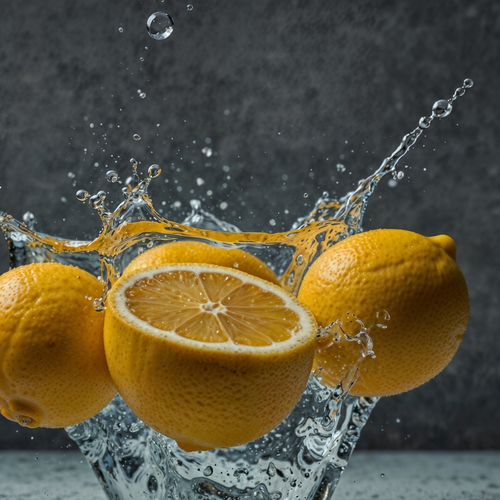 Желтый лимон в брызах воды на сером фоне