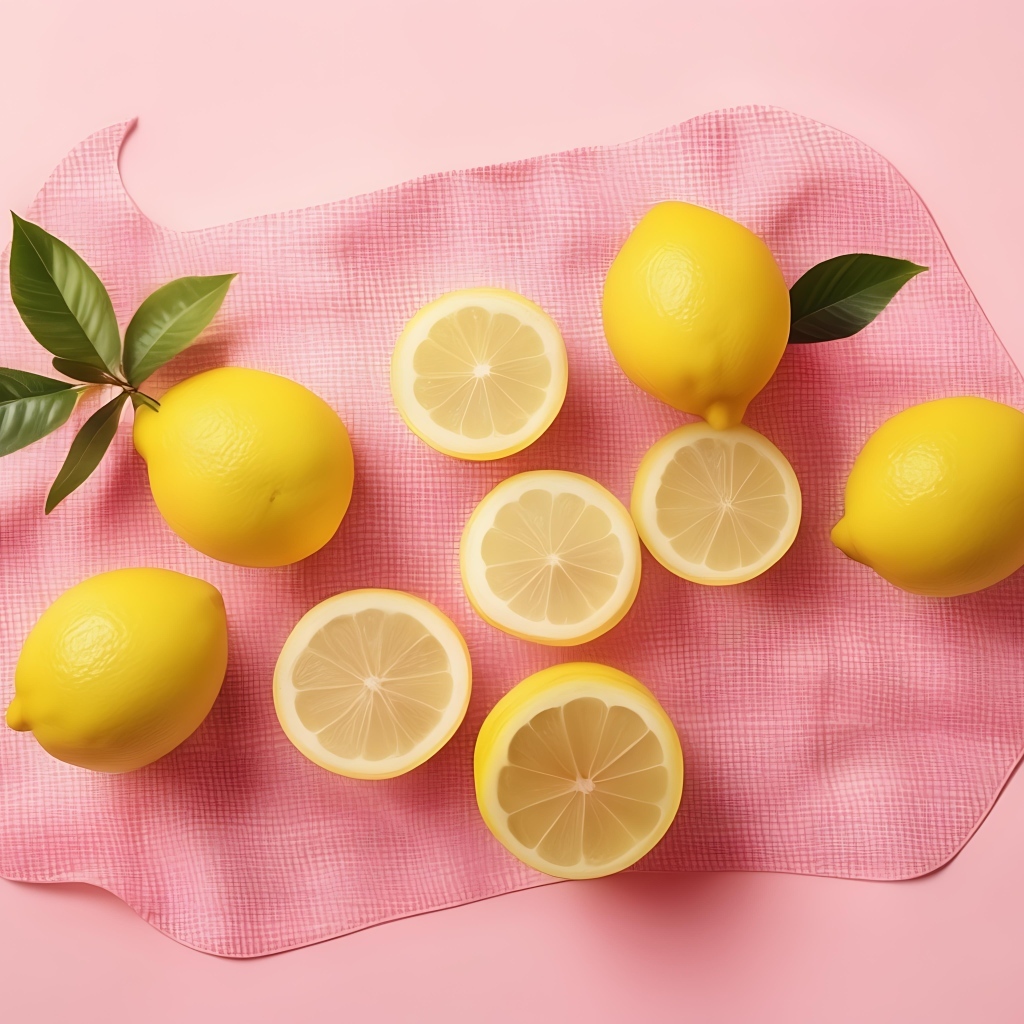 Желтые лимоны с полотенцем на розовом фоне