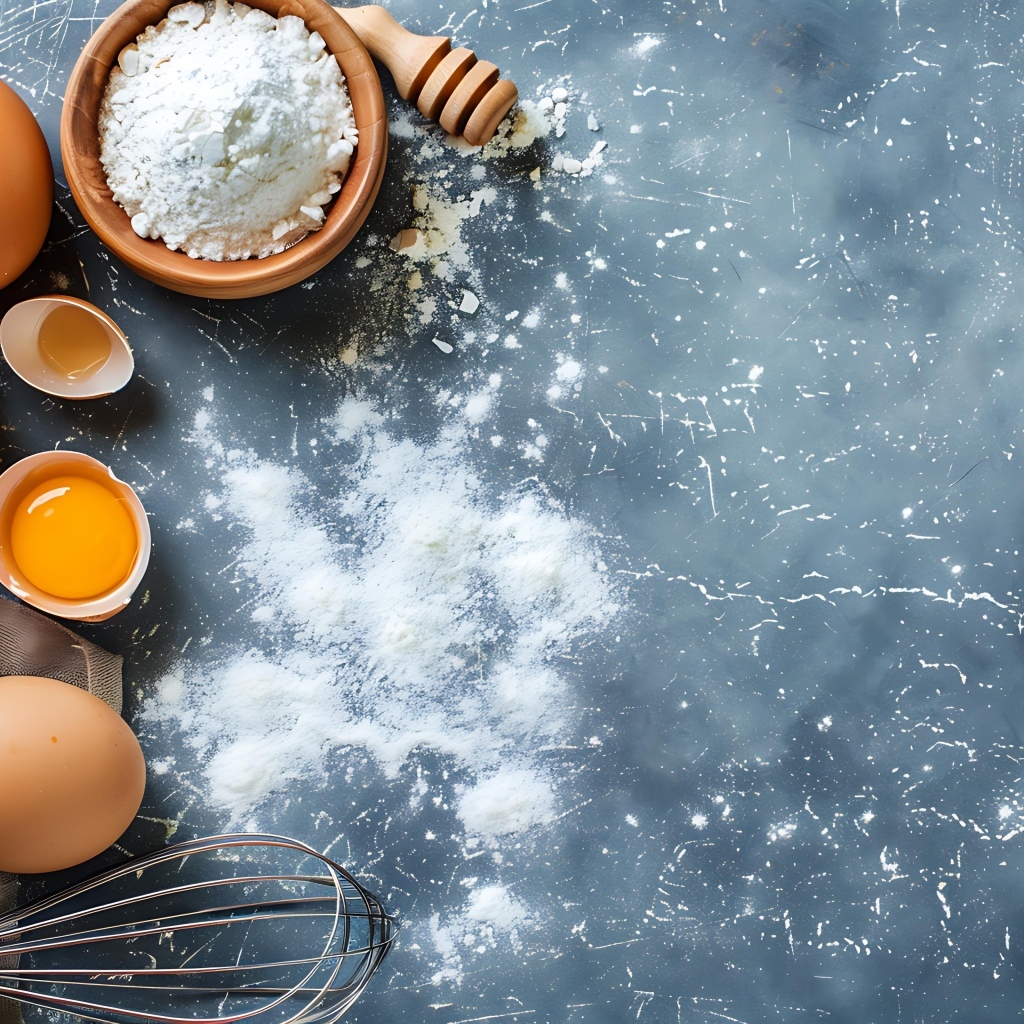 Свежие яйца, мука и венчик на сером столе